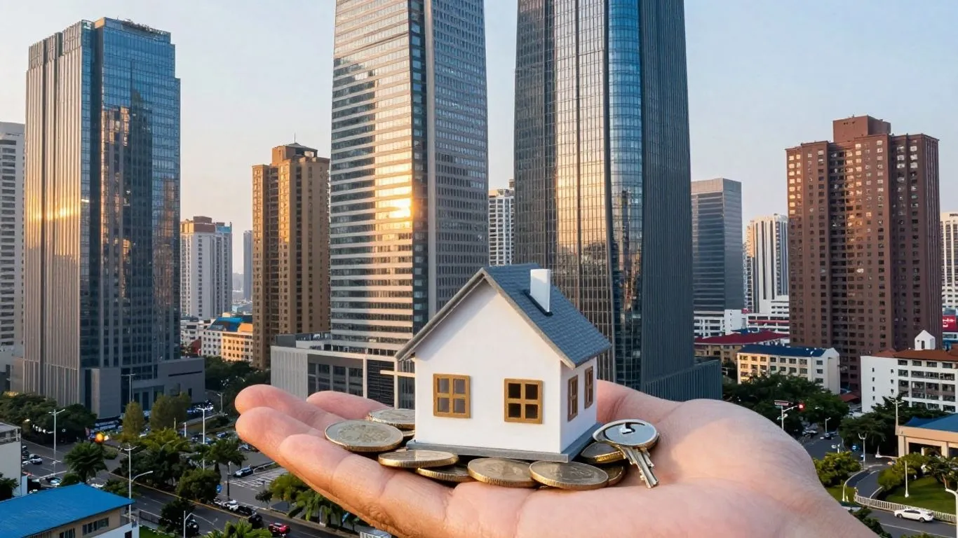 Diverse real estate properties with a hand holding a house model.