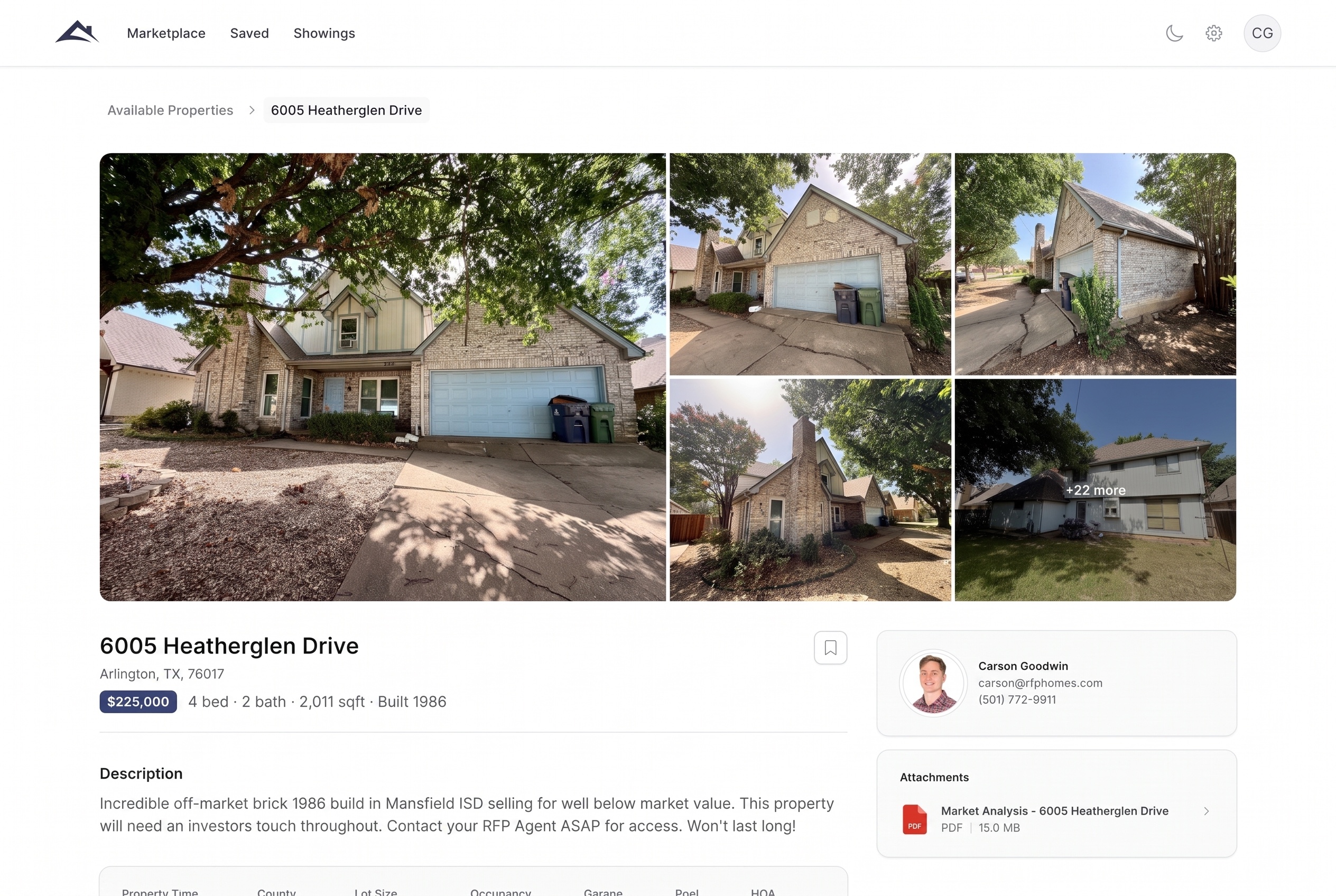 RFP Homes listing detail page with a photo gallery, price badge, property specs, agent contact card, and market-analysis attachment